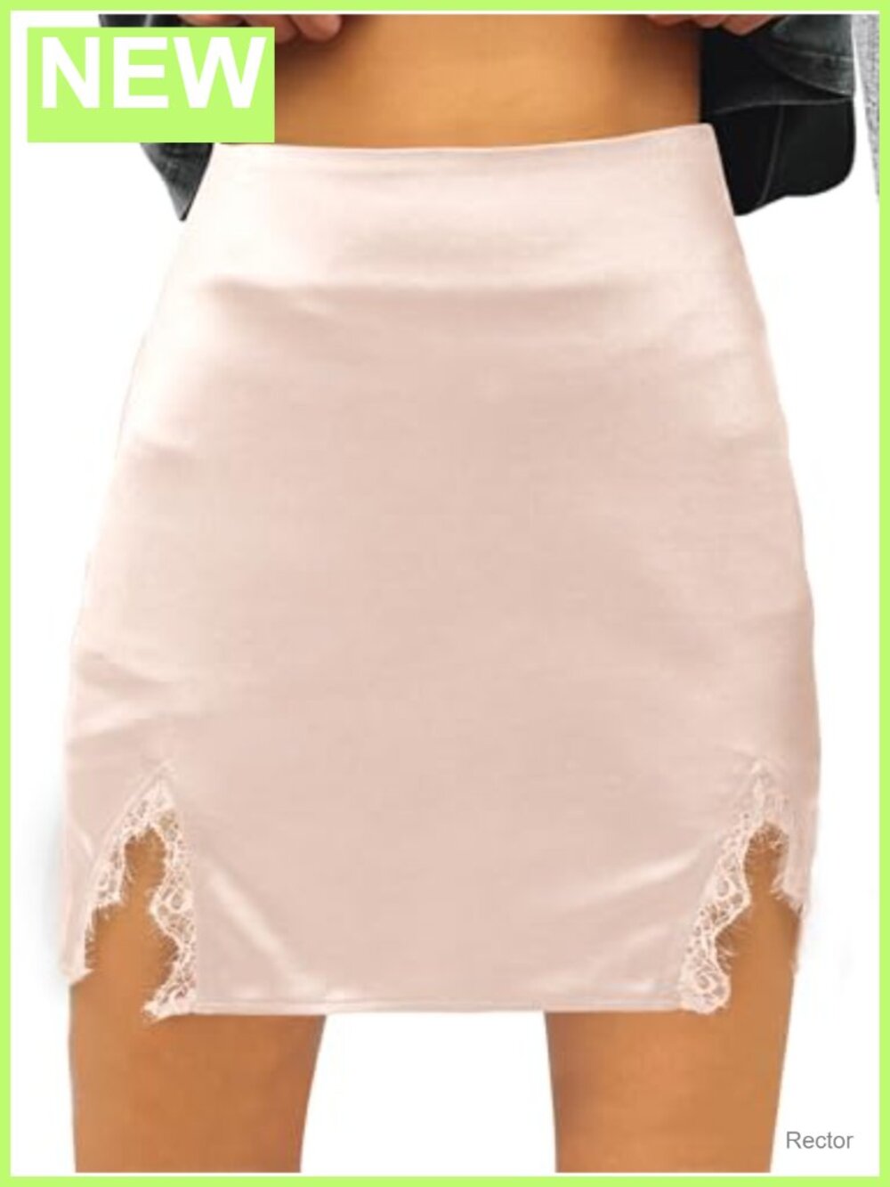 Satin Silk Lace Trim High Waist Mini Skirt with Slit